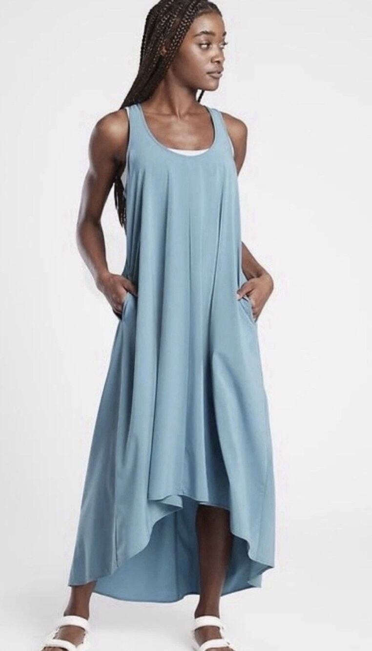 ATHLETA Presidio Maxi Dress Light Blue High Low Racer Back Sz Small Retail $98